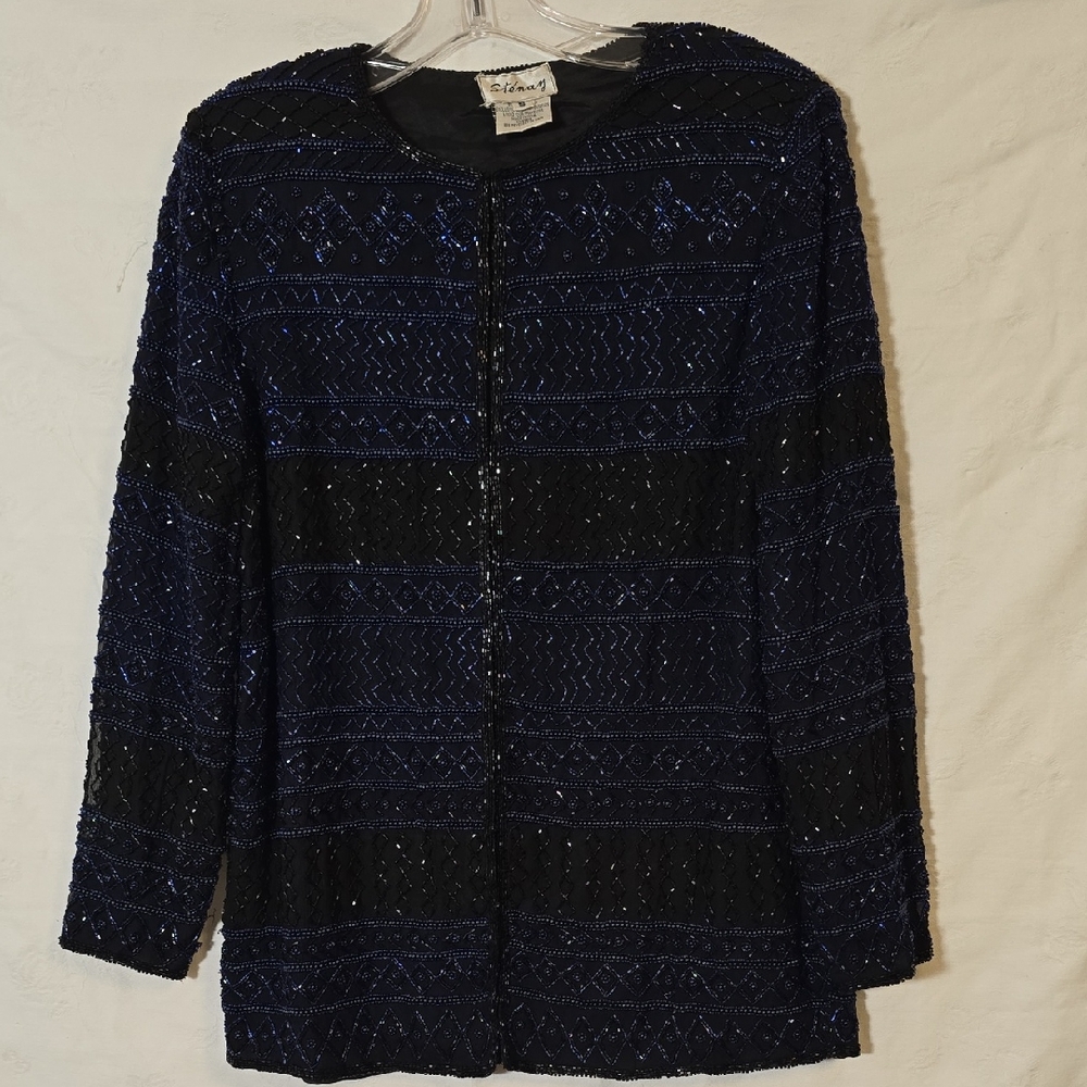 Stenay Vintage Elegant Black and Navy Beaded Evening Jacket Size Small Lined